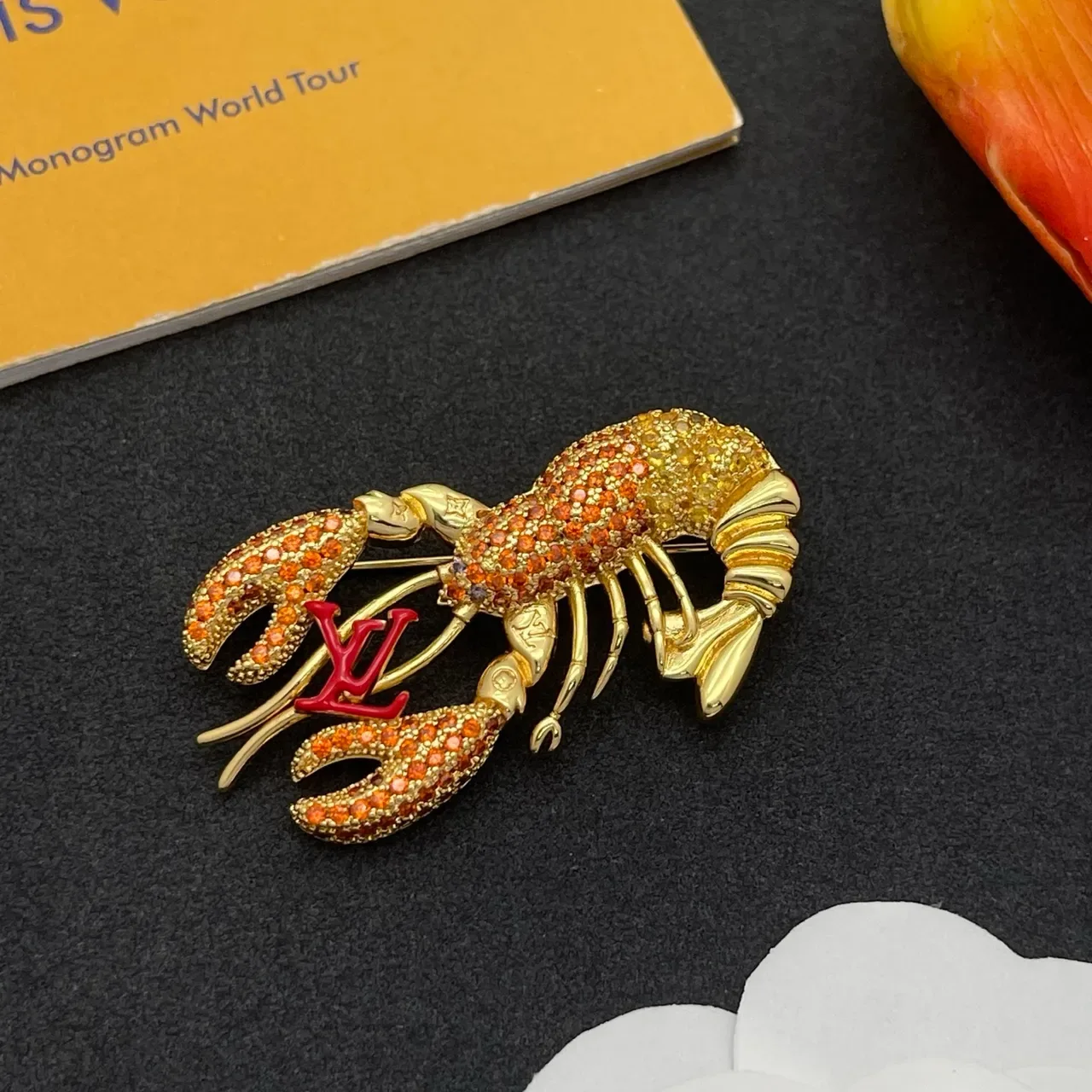 Louis Vuitton Gold Red Lobster-Shaped Pavé-Crystal-Encrusted Brooch 7