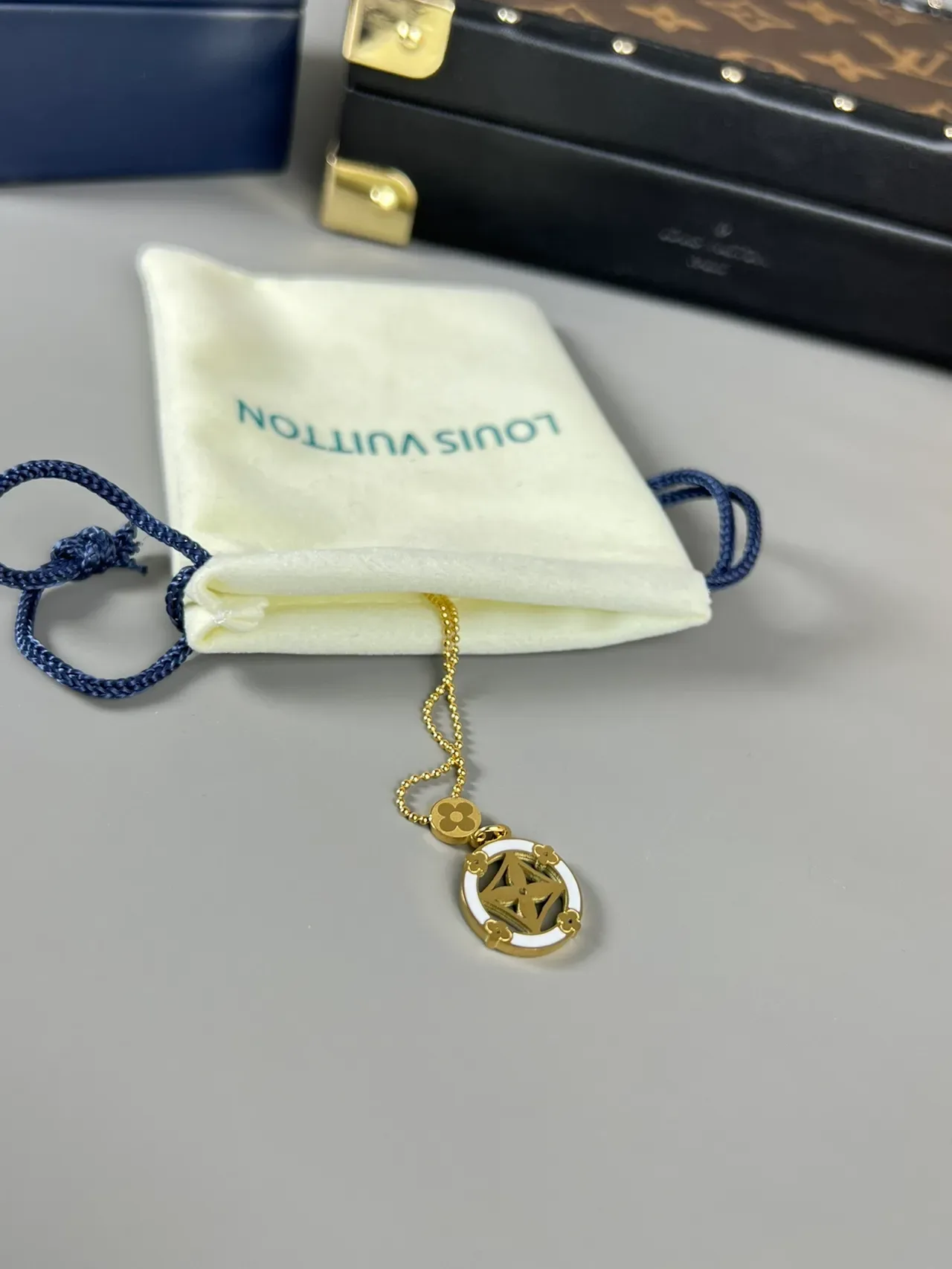 Louis Vuitton Gold White Ball Chain Circular Enamel Pendant Necklace 2