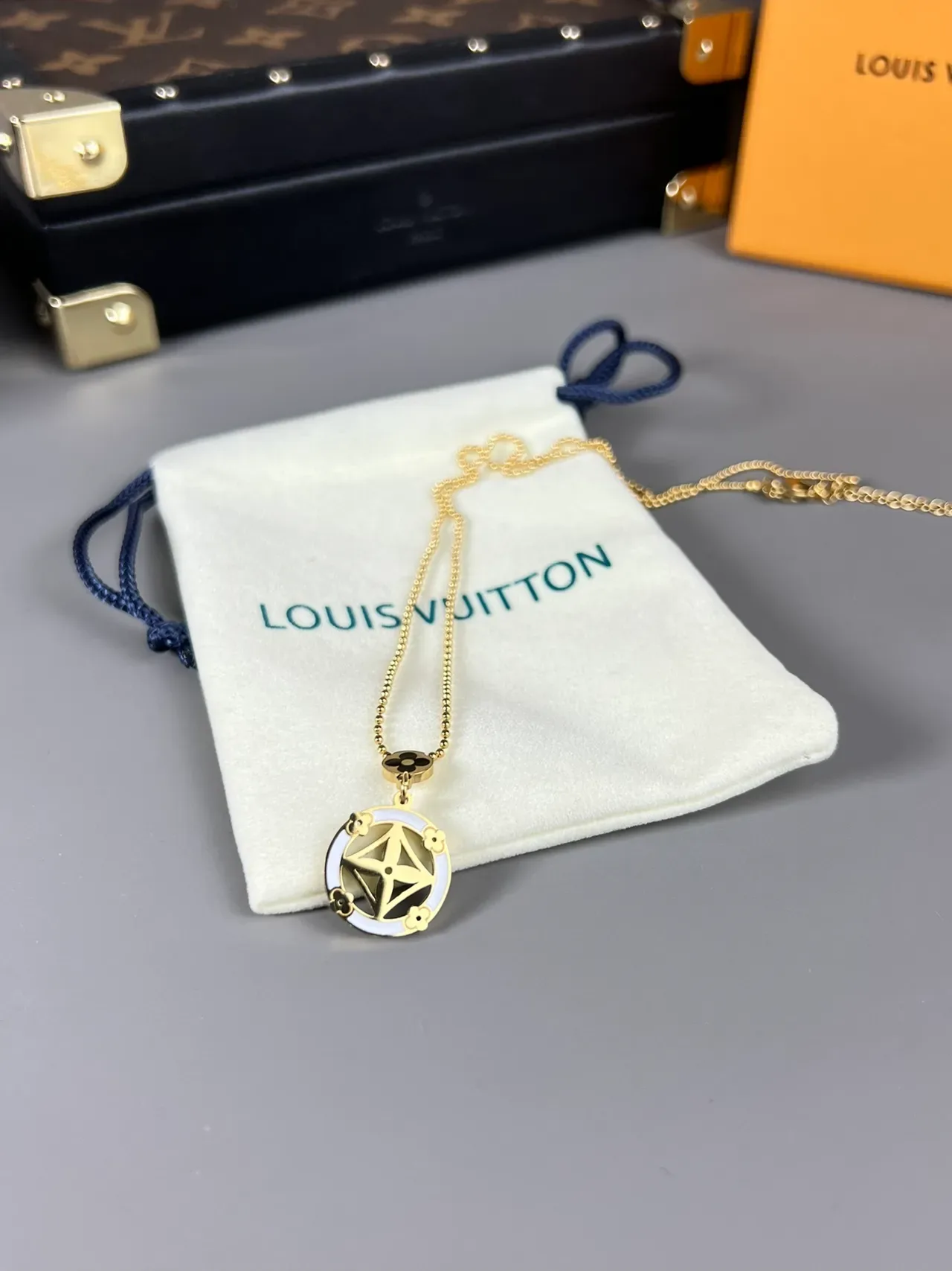 Louis Vuitton Gold White Ball Chain Circular Enamel Pendant Necklace 3