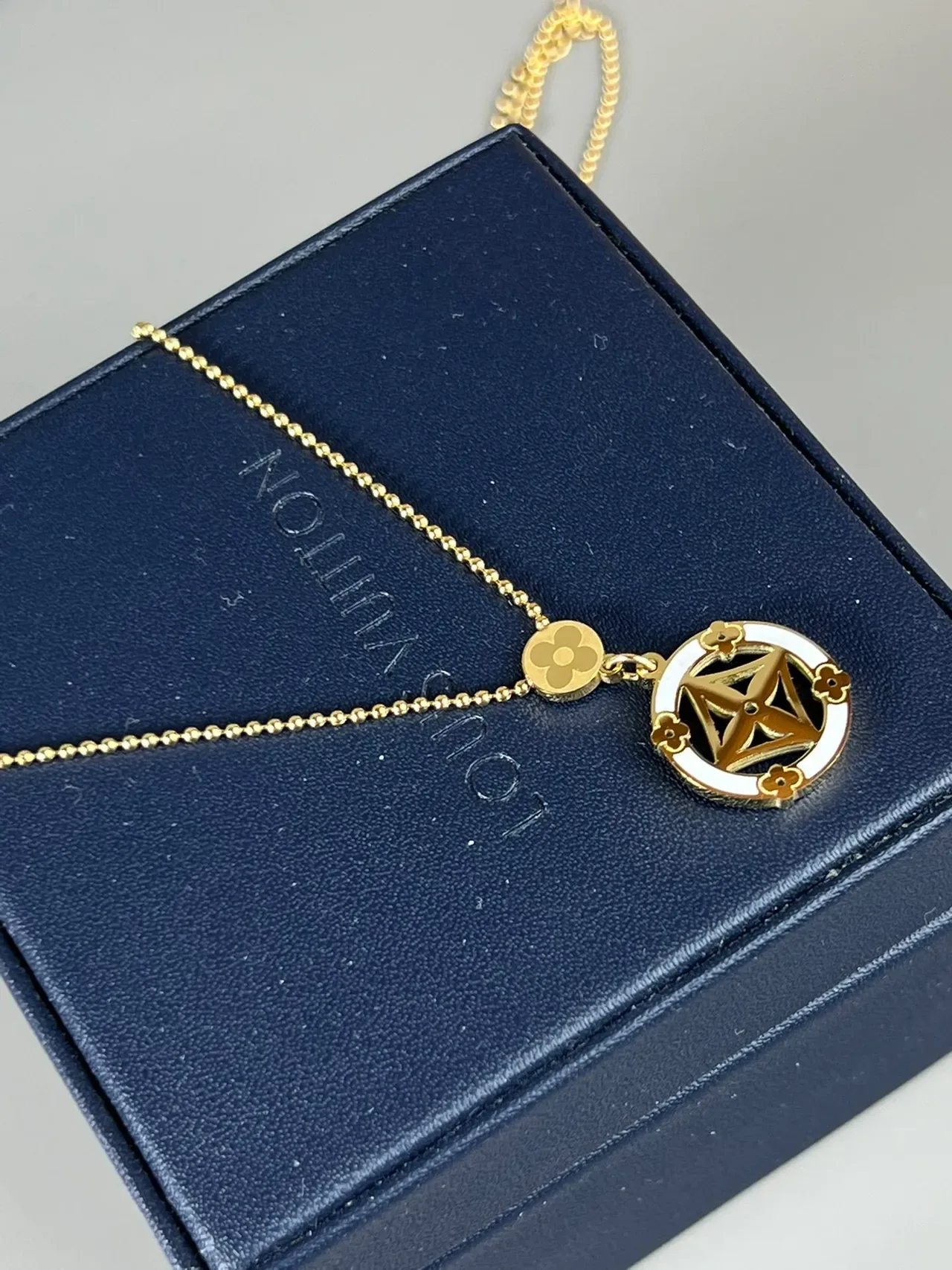 Louis Vuitton Gold White Ball Chain Circular Enamel Pendant Necklace 4