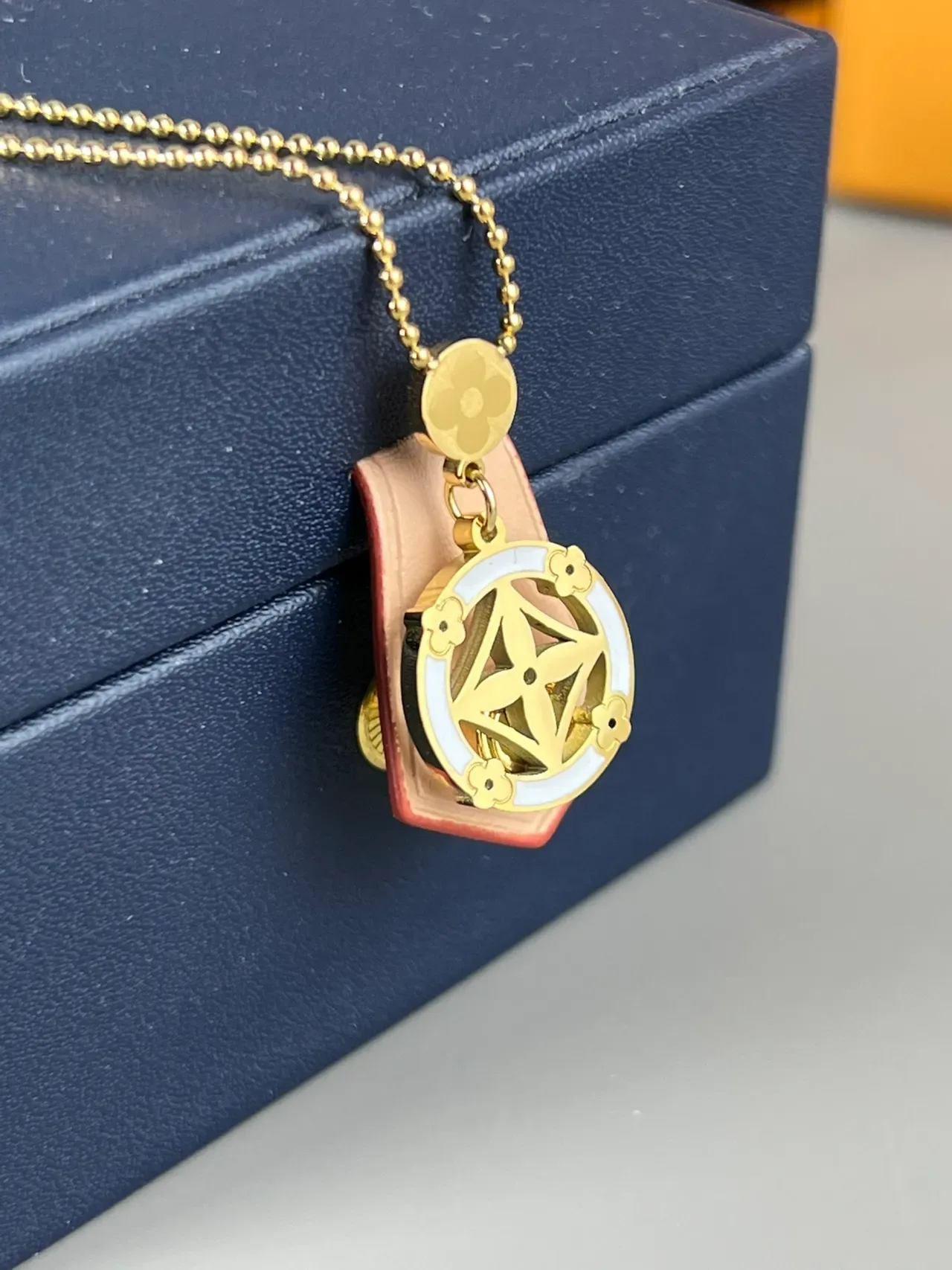 Louis Vuitton Gold White Ball Chain Circular Enamel Pendant Necklace 5