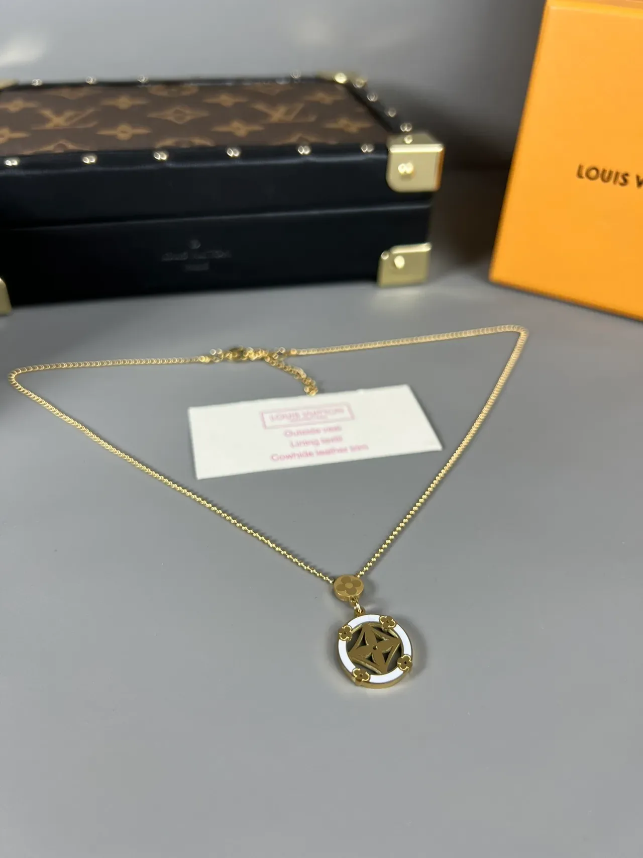 Louis Vuitton Gold White Ball Chain Circular Enamel Pendant Necklace 6