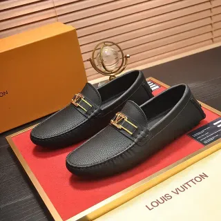 Loafer Louis Vuitton Negro Oro Cuero Granulado Hebilla Metal LV