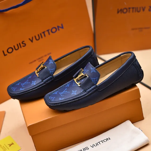 Louis Vuitton Loafer Navy Gold Monogram-Printed Leather LV Buckle Strap Loafer 8