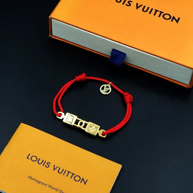 Louis Vuitton Lock-Style Braided Red Cord Gold-Tone Bracelet 5