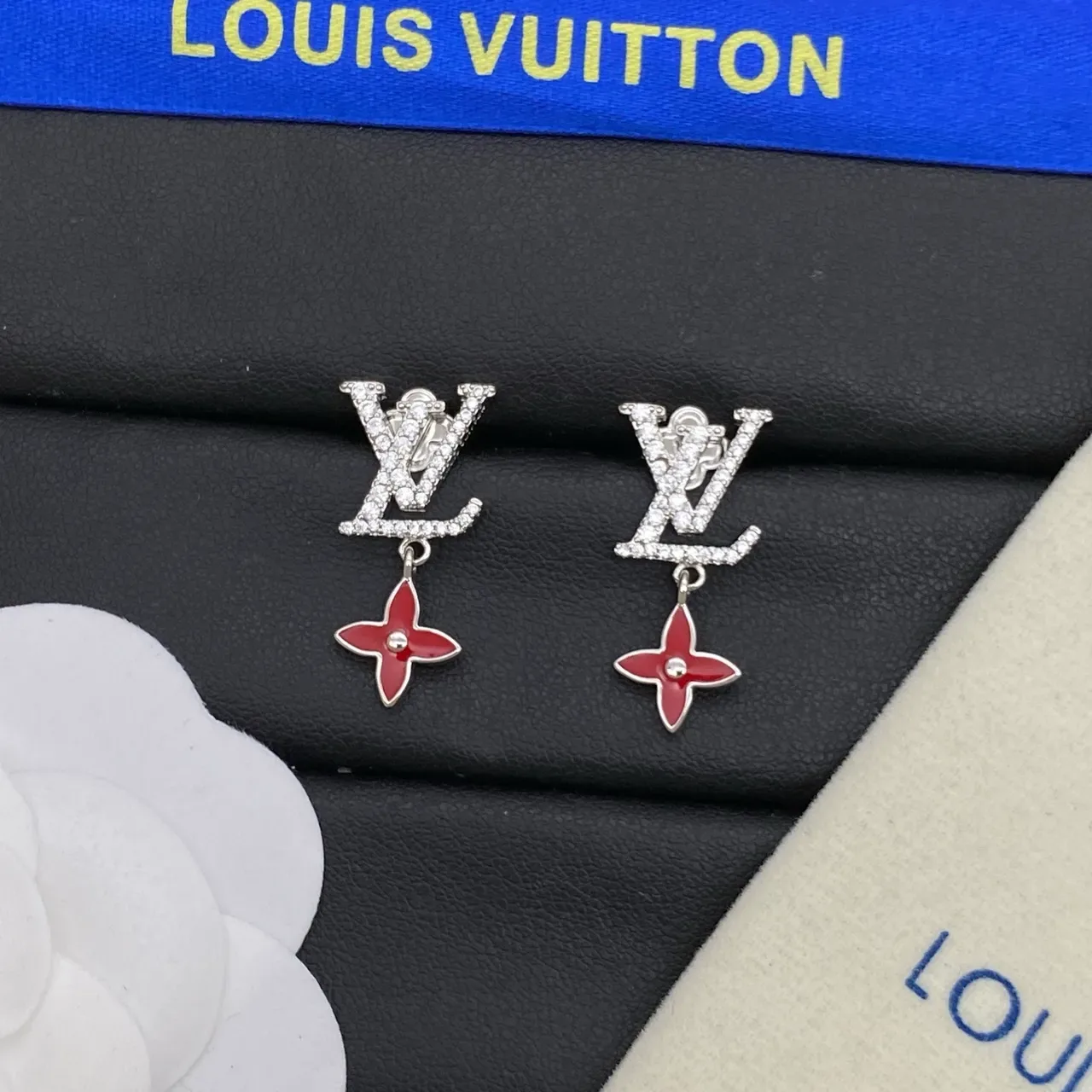 Louis Vuitton LV Monogram Pavé Crystal and Red Enamel Flower Earrings 6