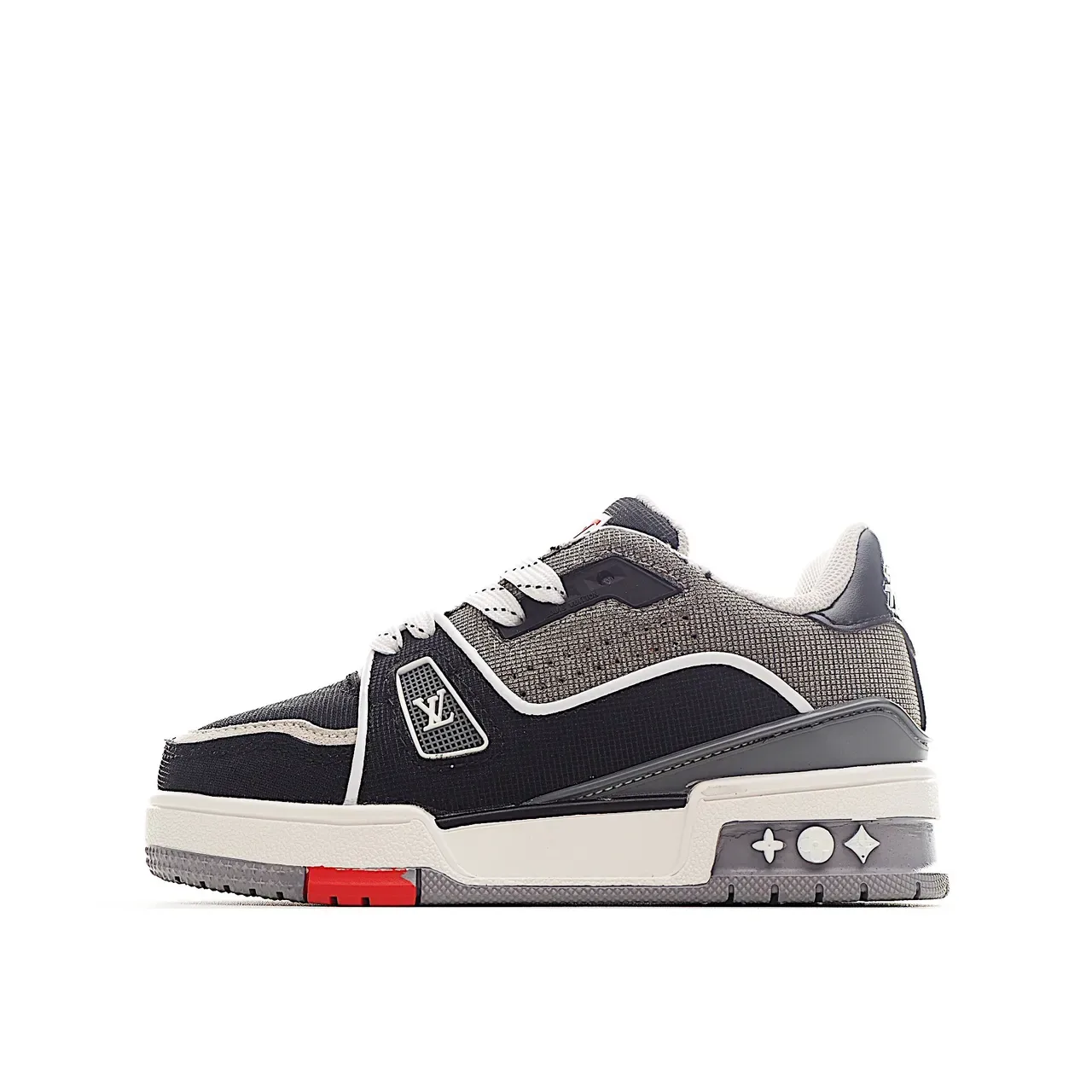 Louis Vuitton LV Trainer Black White Layered Mesh-Suede Upper Monogram Plaque Strap Lifestyle Sneakers 19
