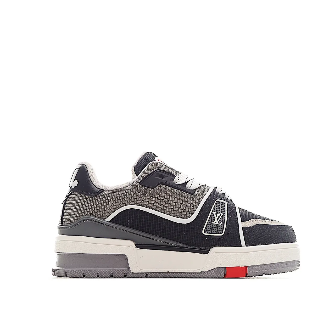 Louis Vuitton LV Trainer Black White Layered Mesh-Suede Upper Monogram Plaque Strap Lifestyle Sneakers 21