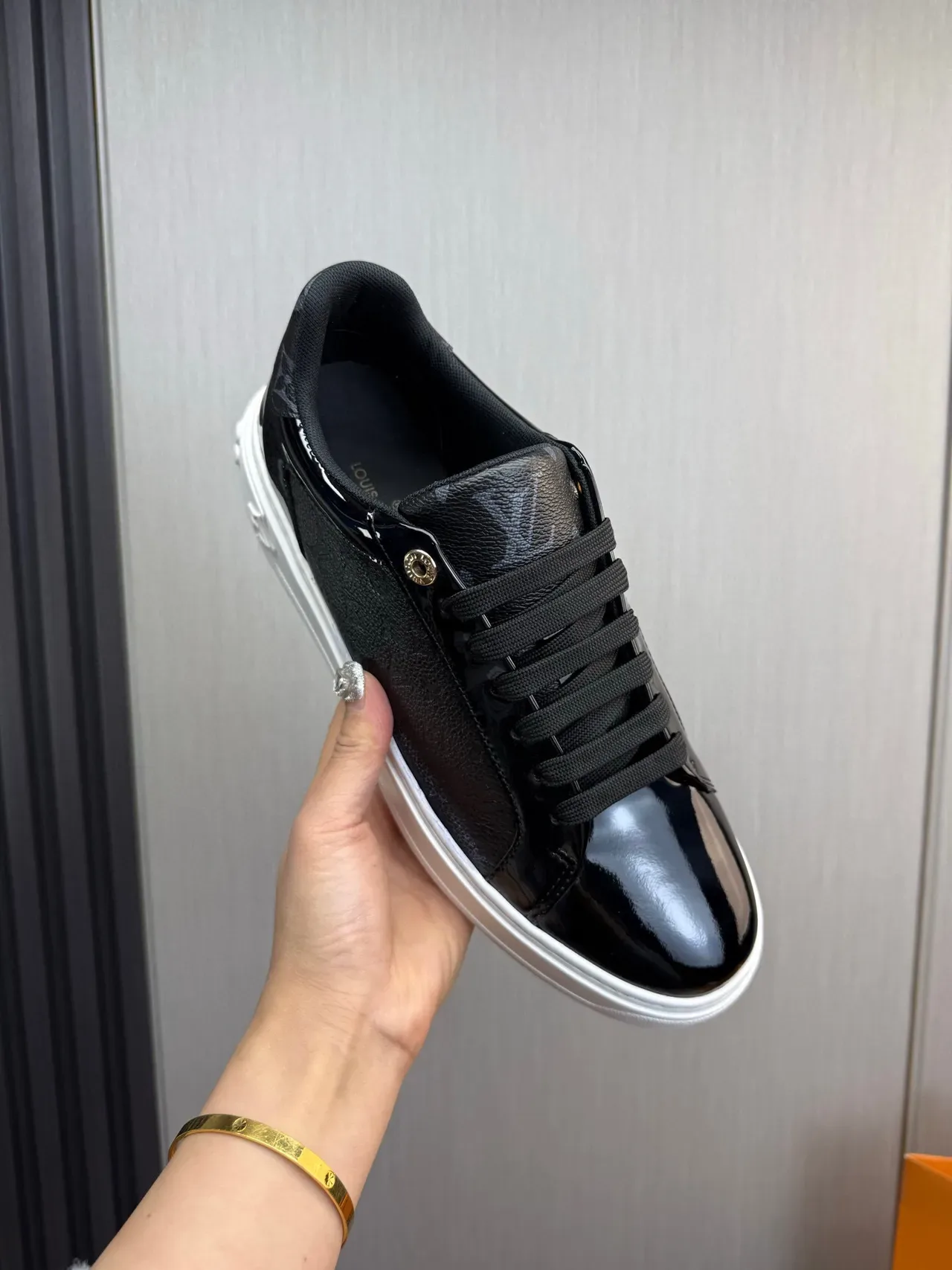 Louis Vuitton LV Trainer Black White Monogram Leather Glossy Patent Toe Lifestyle Sneakers 7