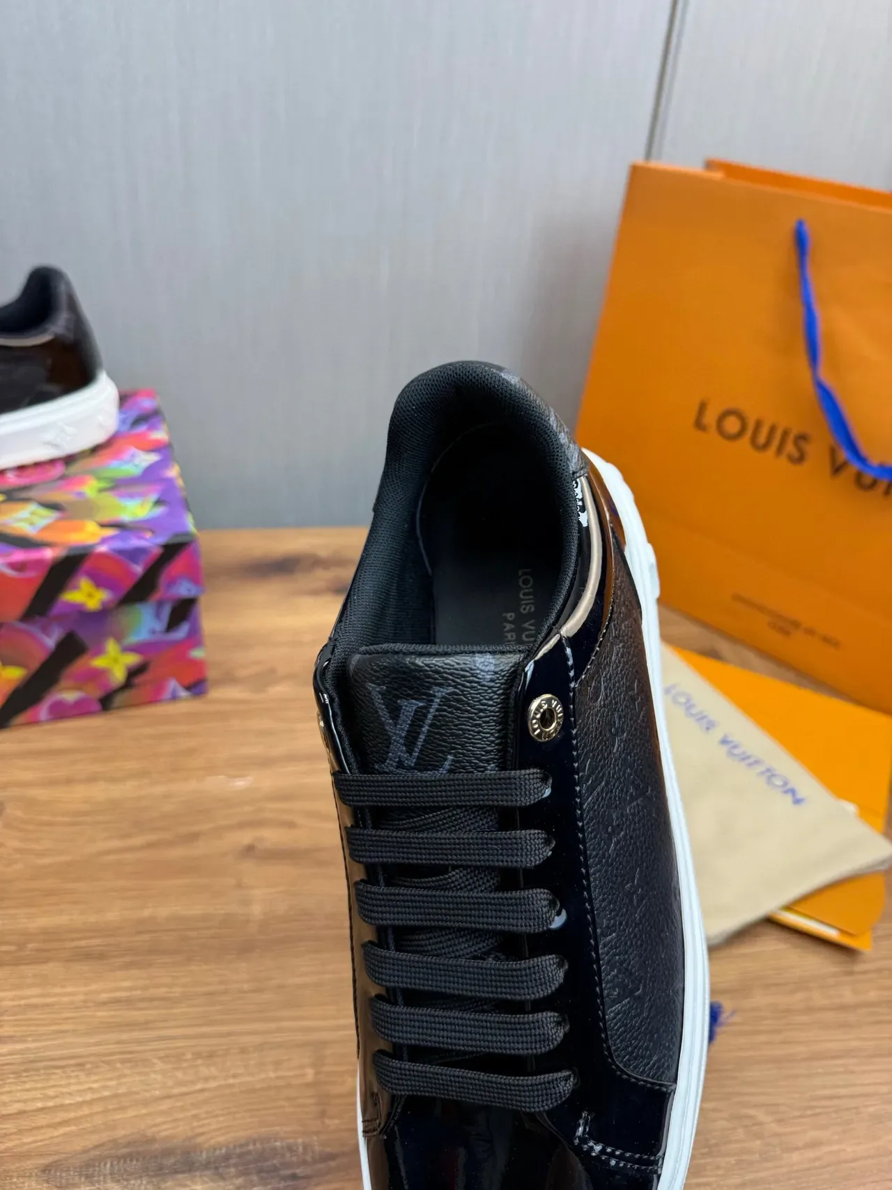 Louis Vuitton LV Trainer Black White Monogram Leather Glossy Patent Toe Lifestyle Sneakers 8