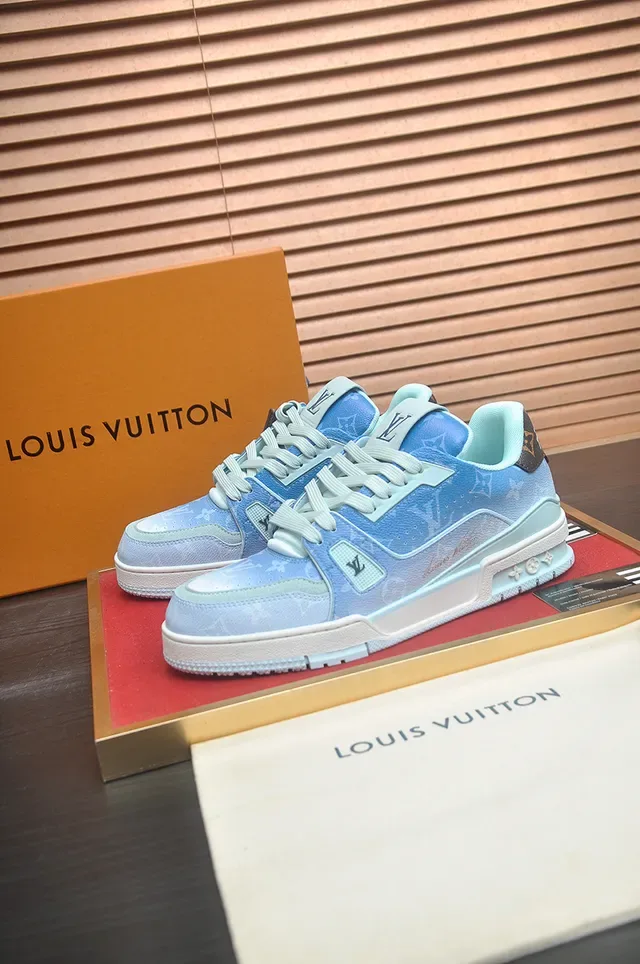 Louis Vuitton LV Trainer Blue Beige Monogram Canvas Upper Layered Sculpted Midsole Lifestyle Sneakers 4