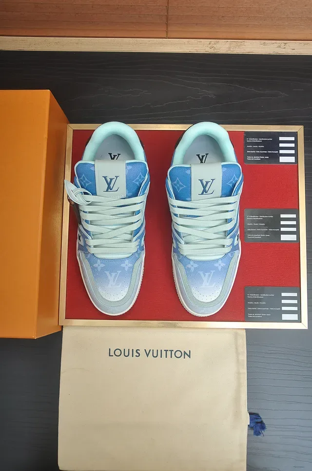 Louis Vuitton LV Trainer Blue Beige Monogram Canvas Upper Layered Sculpted Midsole Lifestyle Sneakers 5