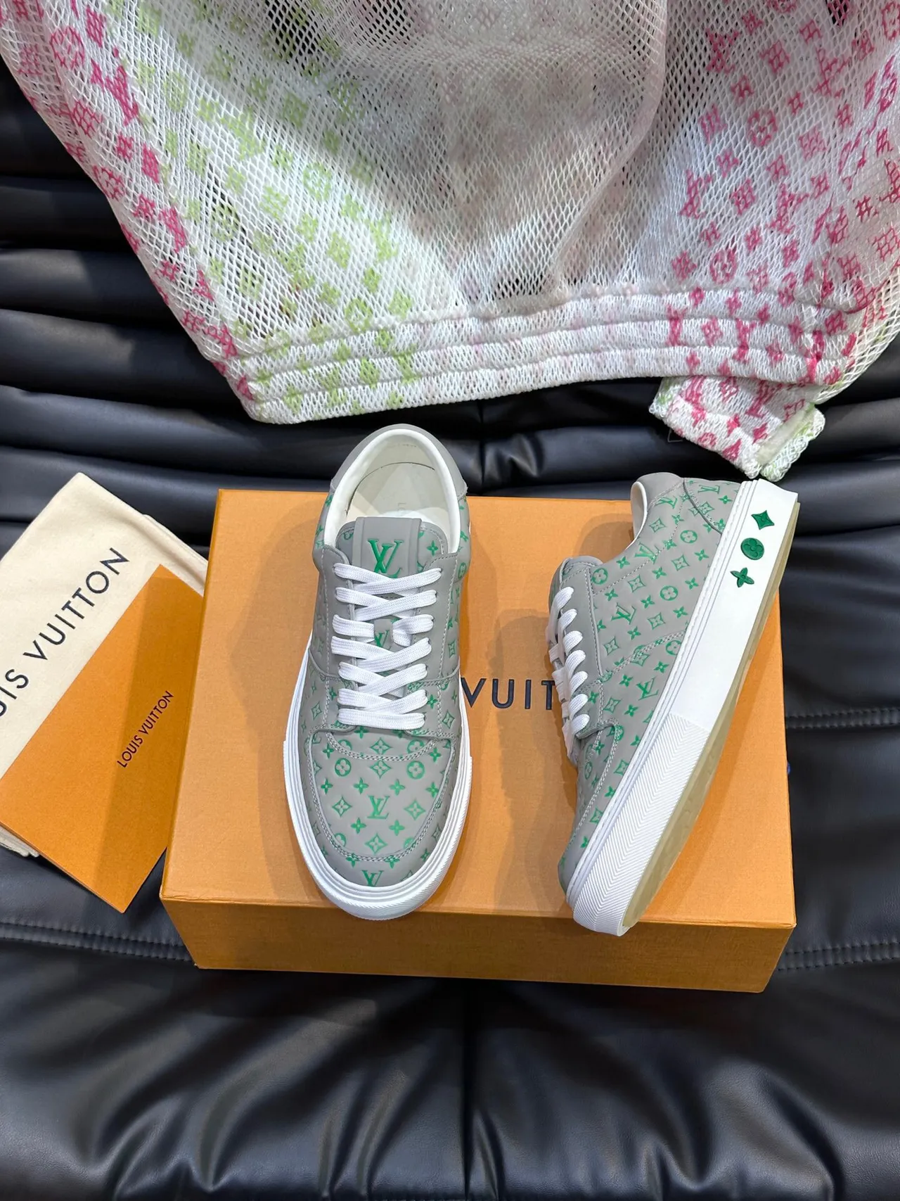 Louis Vuitton LV Trainer Gray Green Monogram-Printed Leather Low-Top Cupsole Lifestyle Sneakers 2