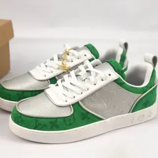 Louis Vuitton LV Trainer Verde Plata Monogram Jacquard Cuero Metálico Estilo de Vida Zapatillas