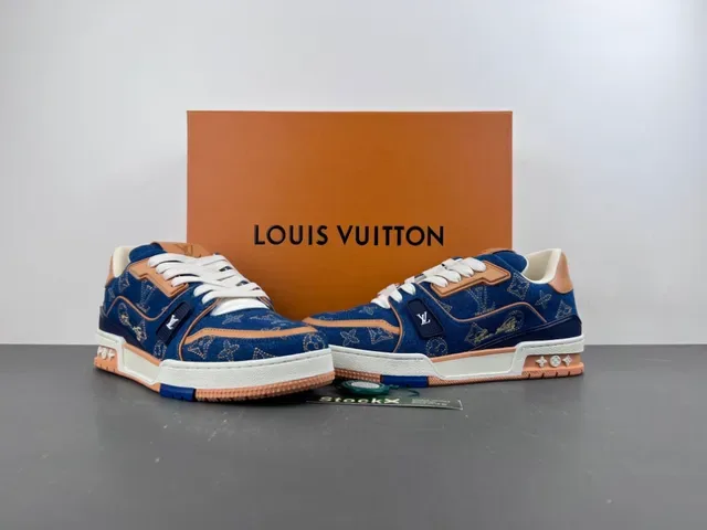 Louis Vuitton LV Trainer Navy Beige Denim Upper Monogram Print Lifestyle Tênis 12