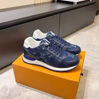 Louis Vuitton LV Trainer Zapatos Navy Blue Monogram-Embroidered Denim-Leather Hybrid Contraste Suela Blanca Midsole Lifestyle Sneakers