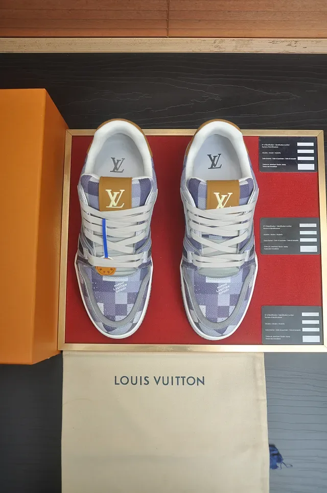 Louis Vuitton LV Trainer Purple Gray Monogrammed Canvas Upper Layered Geometric Midsole Lifestyle Sneakers 5