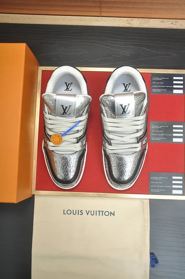Louis Vuitton LV Trainer Silver Black Cracked Metallic Upper Contrast Panels Lifestyle Sneakers 5