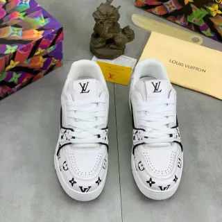Louis Vuitton LV Trainer Branco Preto Monogram-Print Couro Low-Top Com Cadarço Tênis Lifestyle