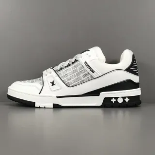 Louis Vuitton LV Trainer Branco Preto Estruturado Camada Sola Média Padrão de Tijolo Malha Superposição Tênis Estilo de Vida