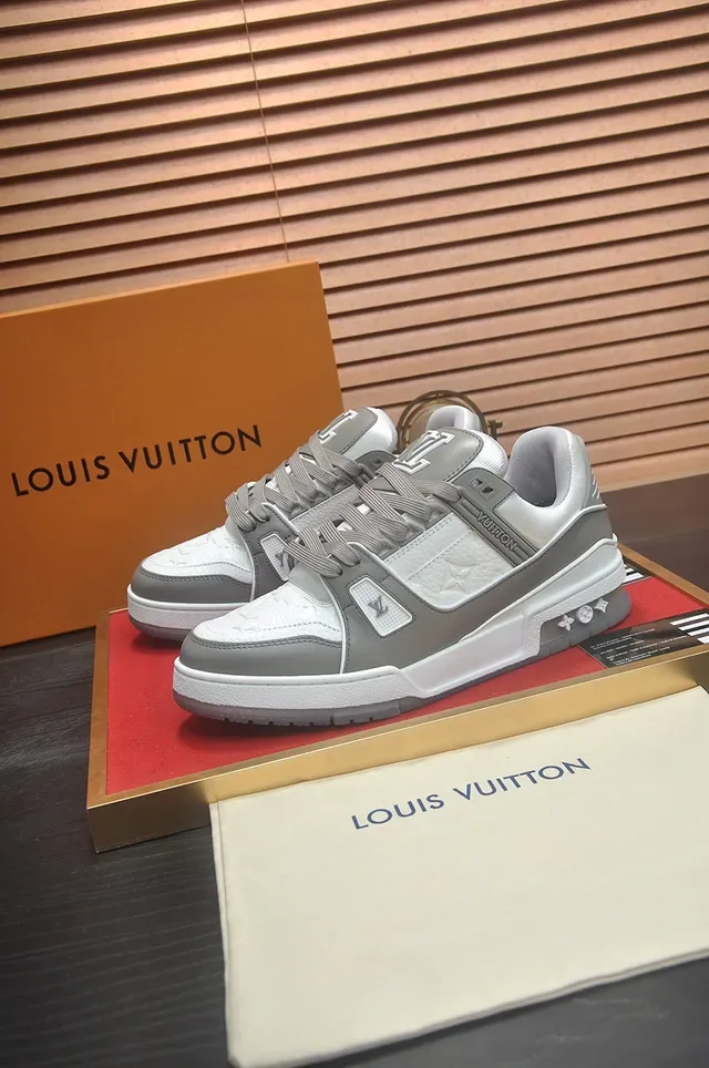 Louis Vuitton LV Trainer White Gray Chunky Layered Midsole Dual-Strap Closure Lifestyle Sneakers 4