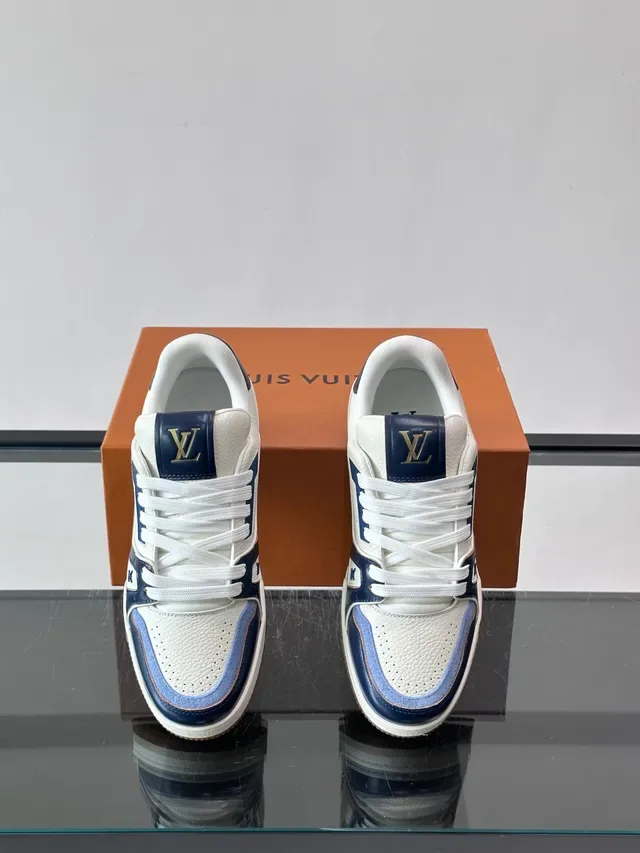Louis Vuitton LV Trainer Blanco Marino Cuero En Capas Punta Perforada Zapatillas Lifestyle 4