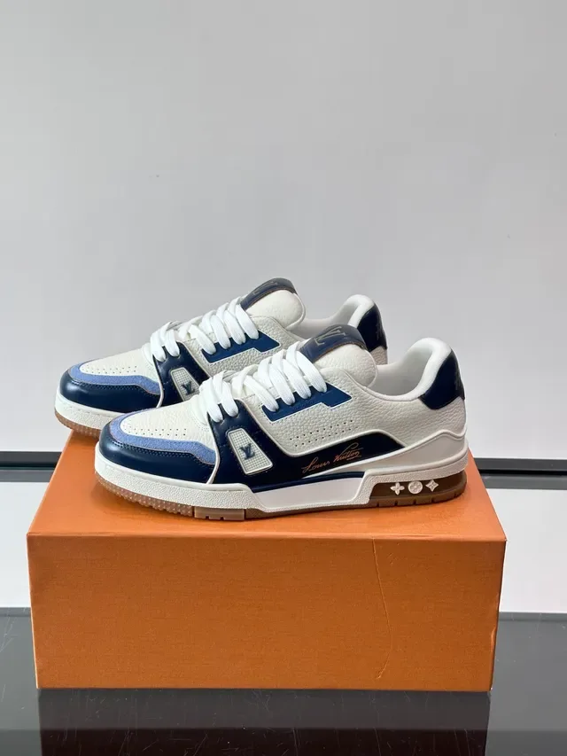 Louis Vuitton LV Trainer Blanco Marino Cuero En Capas Punta Perforada Zapatillas Lifestyle 5