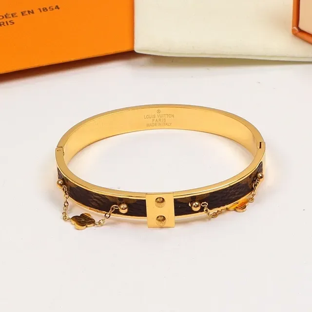 Louis Vuitton Monogram Canvas Bangle Brown Gold Rigid Inset Bracelet 5