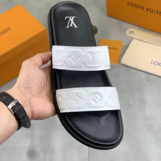 Louis Vuitton Monogram Embossed Double-Strap Slide Black White Slippers