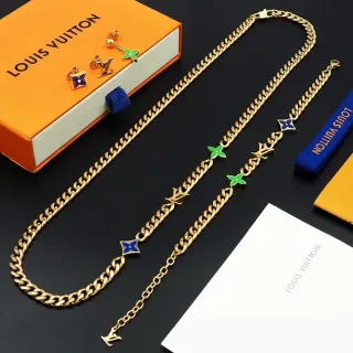 Louis Vuitton মোনোগ্রাম ফুল সোনালি নীল মোড়া লিঙ্ক চেইন এনামেল LV চার্মস নেকলেস