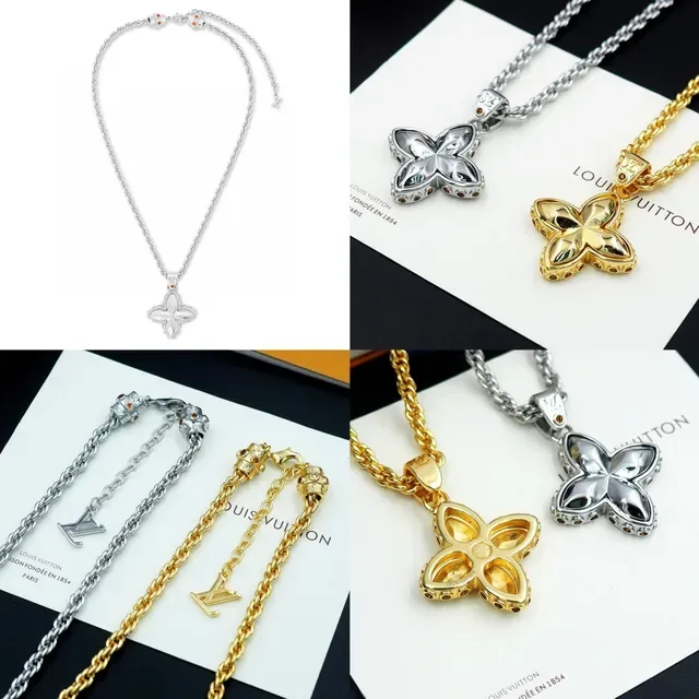 Louis Vuitton Monogram Flower Silver Gold Four-Petal Floral Pendant Rope Chain Necklace 12