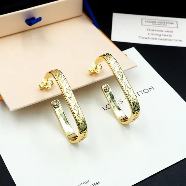 Louis Vuitton Monogram Hoop Gold Silver Engraved Metal Earrings 11