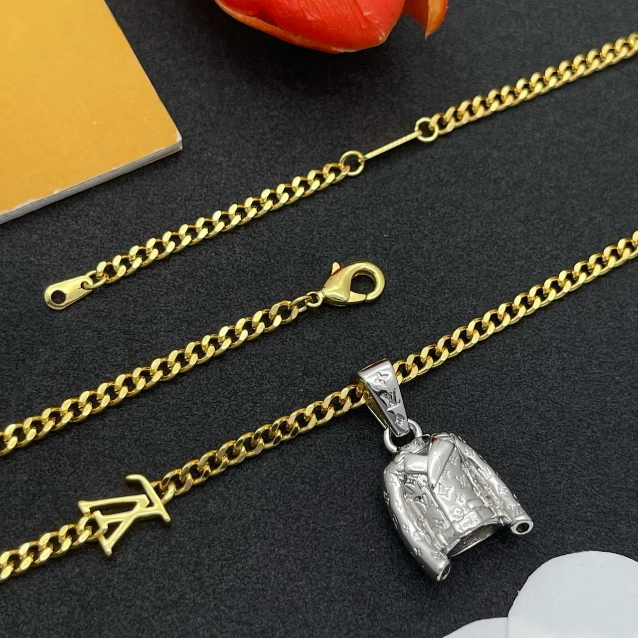 Louis Vuitton Monogram Jacket Pendant Gold Chain Necklace 4