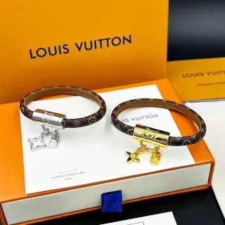 Louis Vuitton Monogram جلد سوار بني ذهبي قماش أسطواني قفل سوار