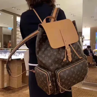 Louis Vuitton Montaigne Brown Beige Monogram Canvas Tan Leather Trim Casual Backpack