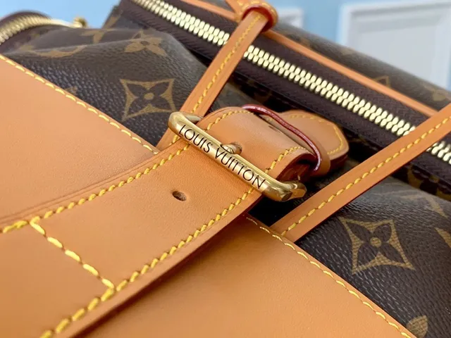 Louis Vuitton Montaigne Brown Beige Monogram Canvas Tan Leather Trim Casual Backpack 10