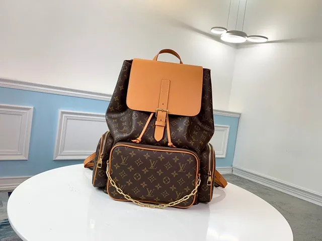 Louis Vuitton Montaigne Brown Beige Monogram Canvas Tan Leather Trim Casual Backpack 14