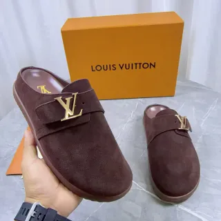 Louis Vuitton Mule Brown Gold Suede Upper Monogram Buckle Strap Casual Shoes