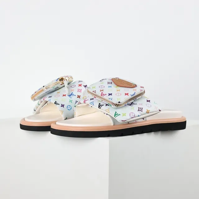 Louis Vuitton Pantoufles Multicolore Beige Imprimé Monogram Tissu Sangle à Fermeture Éclair Pochette 1