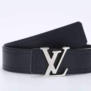 Louis Vuitton Azul Marino Prata Textura de Grão Bordas com Costura Dupla Cinto de Couro