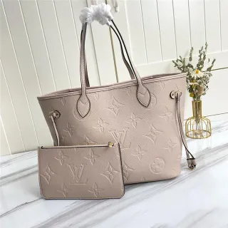 Louis Vuitton Neverfull हल्के भूरे एम्बॉस्ड मोनोग्राम चमड़े का रोल्ड टॉप हैंडल्स टोट बैग