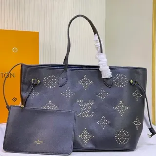 Louis Vuitton Neverfull 带有钉饰的深灰色皮革托特包