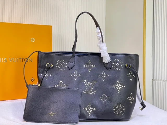 Louis Vuitton Neverfull স্টাডড গাঢ় ধূসর চামড়ার টোট ব্যাগ 5