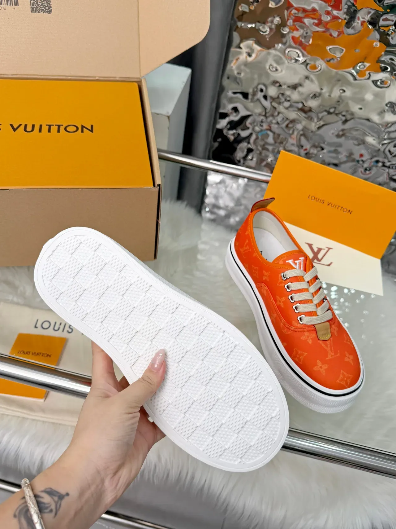Louis Vuitton Orange White Monogram Canvas Platform Sole Lifestyle Sneakers 2