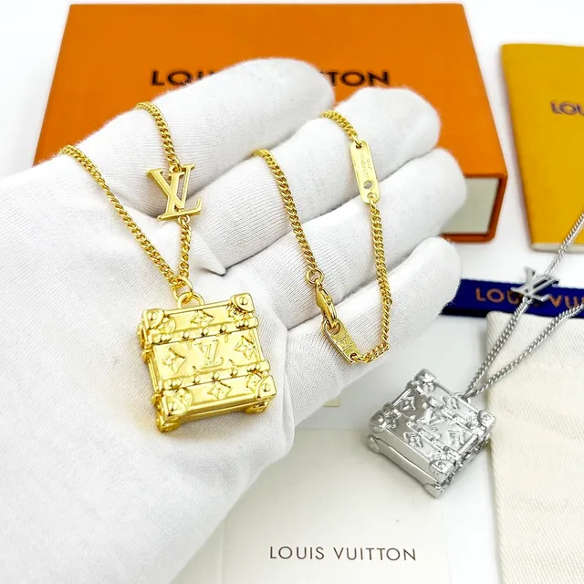 Louis Vuitton Petite Malle Silver Gold Trunk-Shaped Pendant Monogram-Engraved Necklace 2