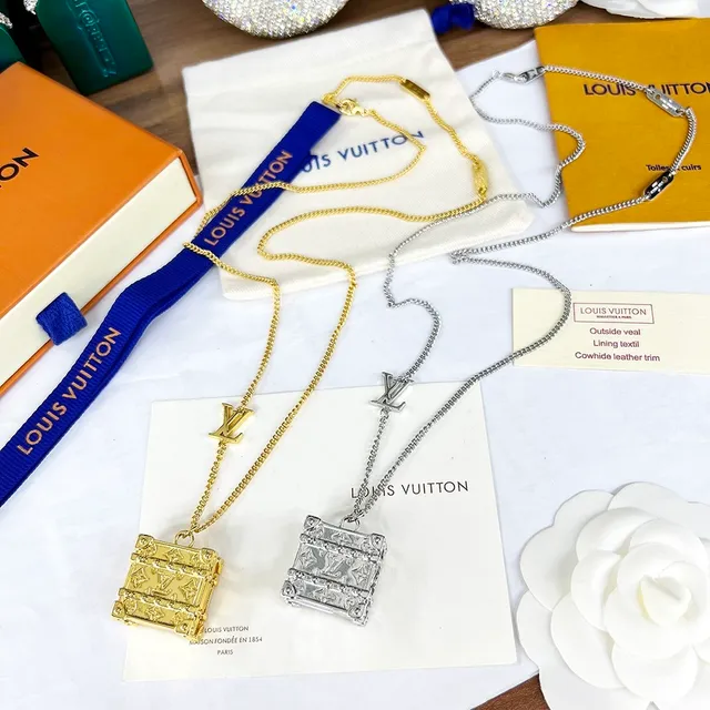 Louis Vuitton Petite Malle Silver Gold Trunk-Shaped Pendant Monogram-Engraved Necklace 5