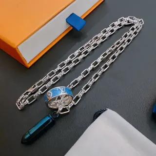 Colar Louis Vuitton Corrente Monograma Prata Azul Esmalte Anel Pendente