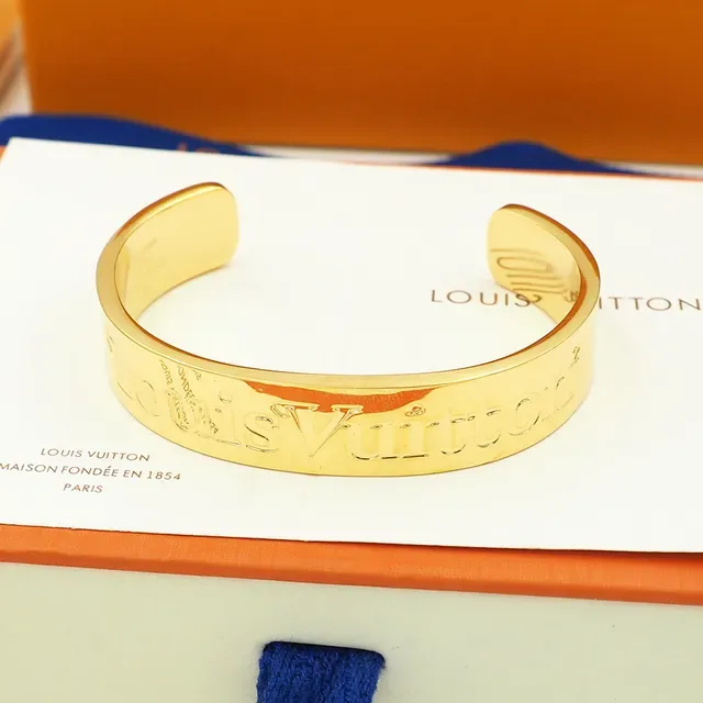 Louis Vuitton Silver Gold Engraved Logo Rigid Cuff Bracelet 2