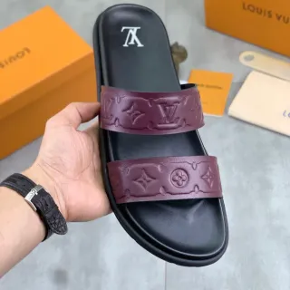 Louis Vuitton Slide Negro Borgoña Monogram-Embossed Correa Doble Zapatillas