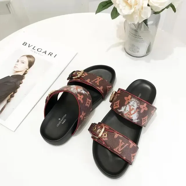 Louis Vuitton سلاید دوبل ستريب مونوغرام بني احمر تطريز كاجوال صندل 2